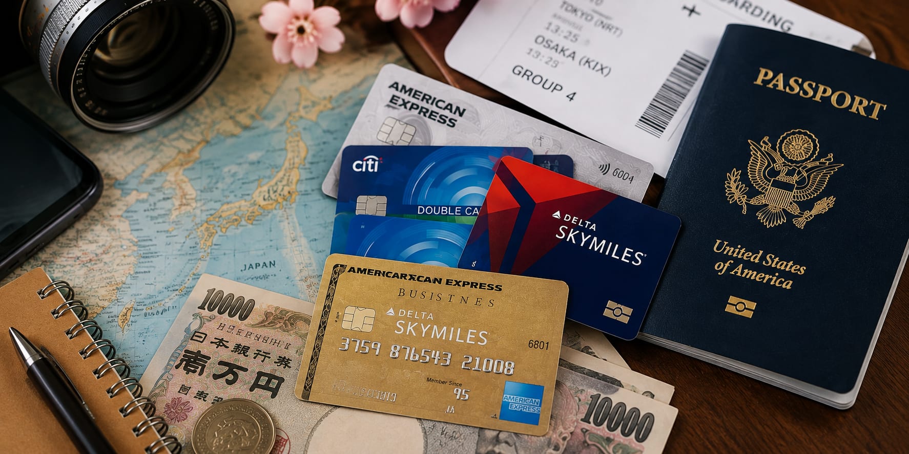 Credit cards, a boarding pass, a US passport, and Japanese yen banknotes laid out on a map of Japan